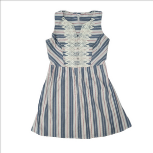 Xhilaration Blue and Pink Striped Cinch Waist Crochet Lace Button Up Dress